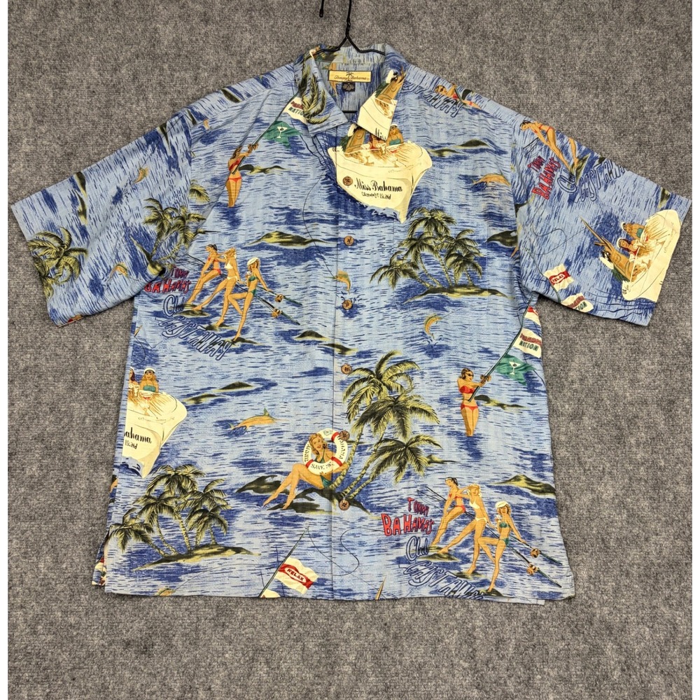 Tommy Bahama Mens M Blue Silk Miss Bahama Pin Up Girl Short Slv, top loop button
